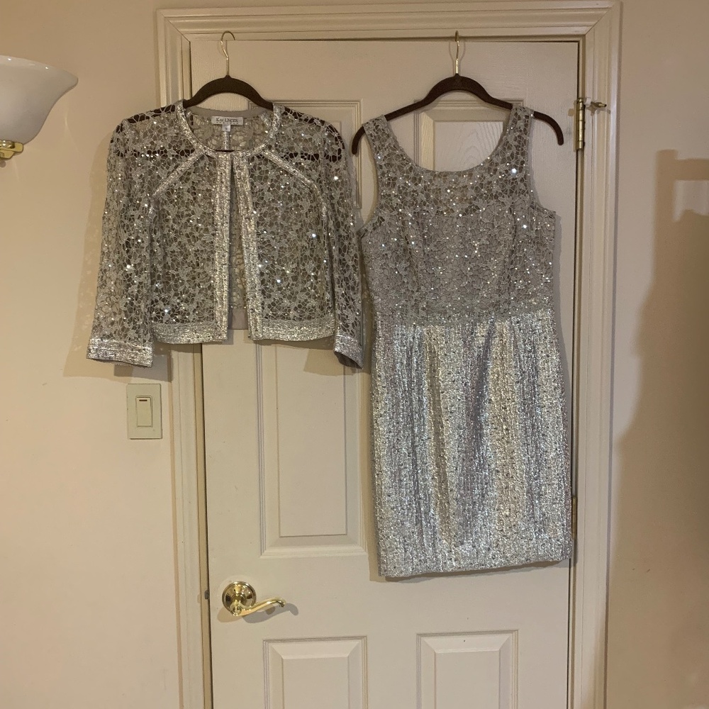 Kay Unger Silver Embellished Dress & Jacket sz 6/8